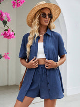 Women Casual Solid Color Short Sleeve Shirt And Drawstring Shorts Set, Suitable For Summer